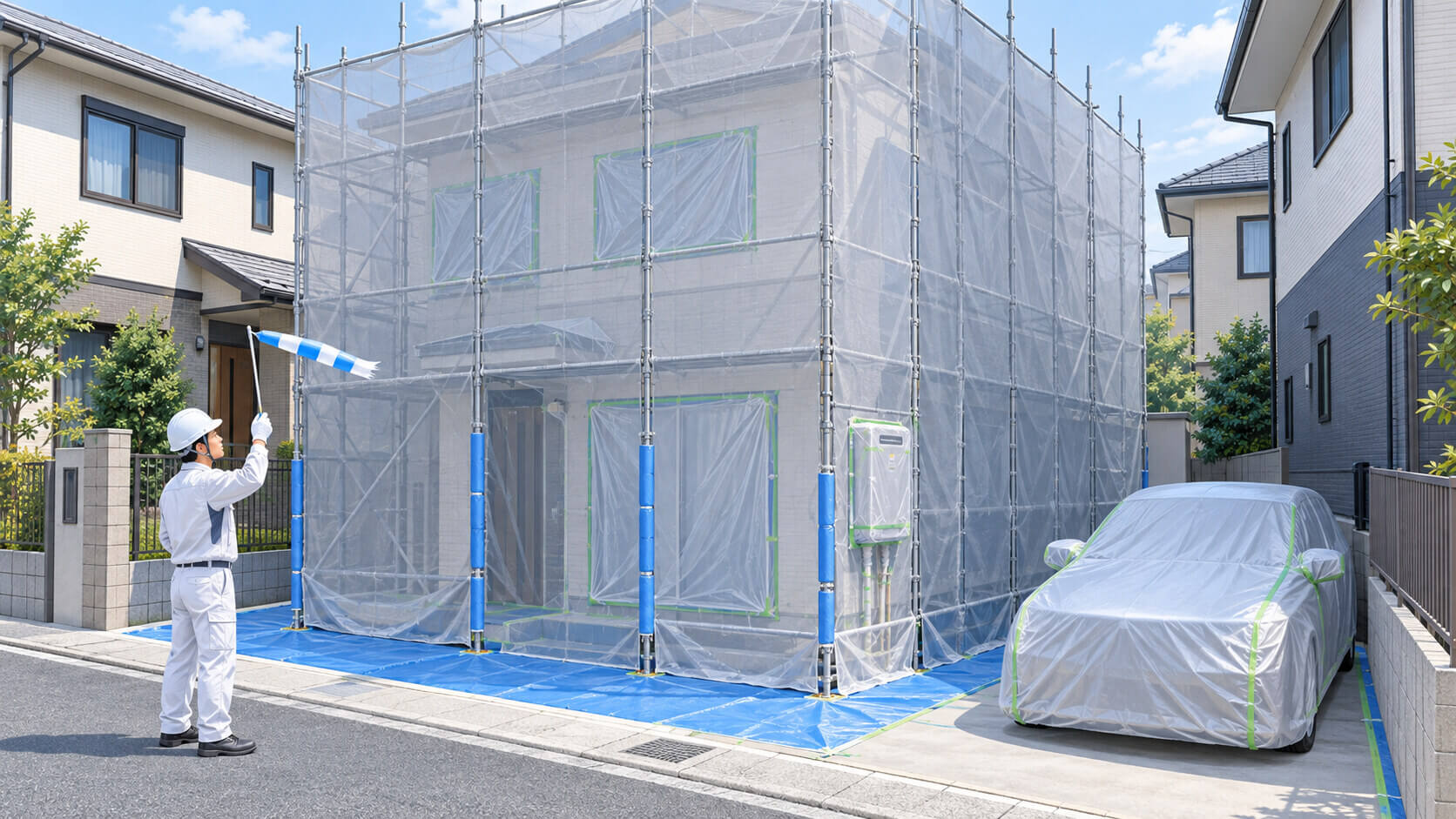 隣家が近い外壁塗装現場の飛散防止対策